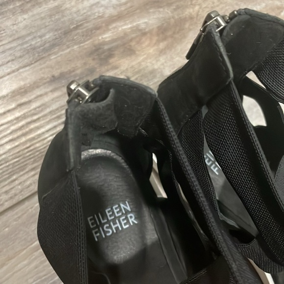 Eileen Fisher Kash Tumbled Nubuck Leather Black Mesh Zip Back Sandals Size 6.5 - Picture 7 of 13